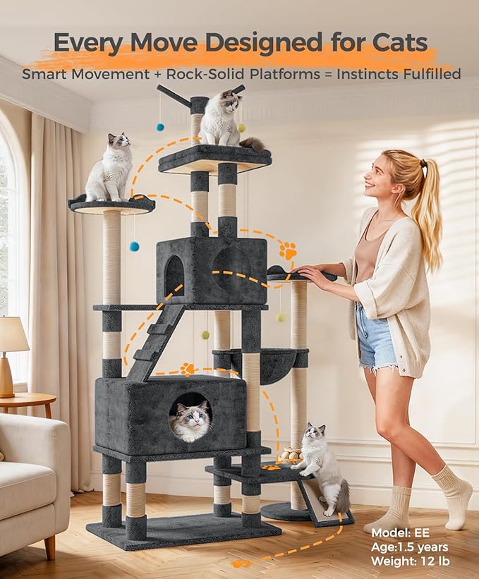 Catlike Rock-Solid 76" Tall Cat Tree Tower for Indoor Cats Large Adult, Heavy Duty Multi-Level Large Cat Tree with Sisal Scratching Posts, Perches, Cat Condos, Hammock Baskets, Cat Tower Charcoal Grey