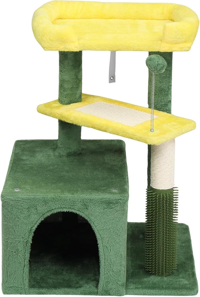 26.7" Small Cat Tree for Indoor Cats, Multi-Level Cat Tower with Sisal Scratching Post & Pad, Cozy Cat Condo, Padded Top Perch & Self Groomer, Forest Green & Yellow