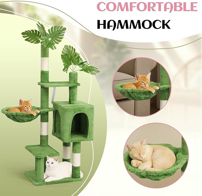 Outvita Cat Tree 48in Monstera Cat Tower with Leaves, Multi-Level Cat Tree Tower with Condo, Cozy Plush Hammock, Dangling Toy, Sisal Scratching Posts, Large Pet Activity Center for Indoor Cats, Green