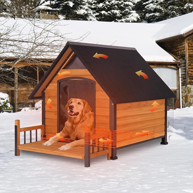 GUTINNEEN Large Heated Dog House Outdoor Insulated Dog Kennel Weatherproof Dog Shelter with Safe Heating Pad, Chew-Proof Metal Frame, Thermal Liner for Large Dog Breeds, 37.4" L x 50.9" D x 37.2" H