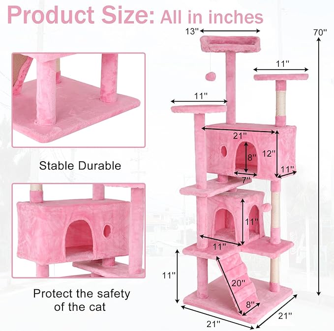 Cat Tree 70 Inches Cat Tower for Indoor Cats Multi-Level Cat Condo with Litter Box Enclosure,Scratching Posts for Indoor Cats (Pink)