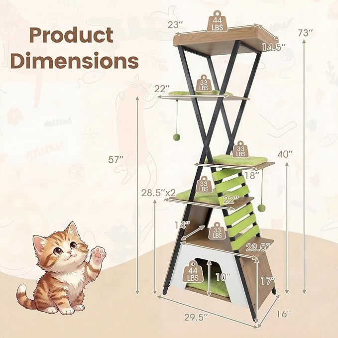 Tangkula 73 Inch Tall Cat Tree, Modern Wood Cat Tower with Scratching Pad, Extra-Large Perch & Removable Washable Mats, 3 Pompoms, Multi-Level Cat Furniture for Indoor Cats Large Adult (Green)