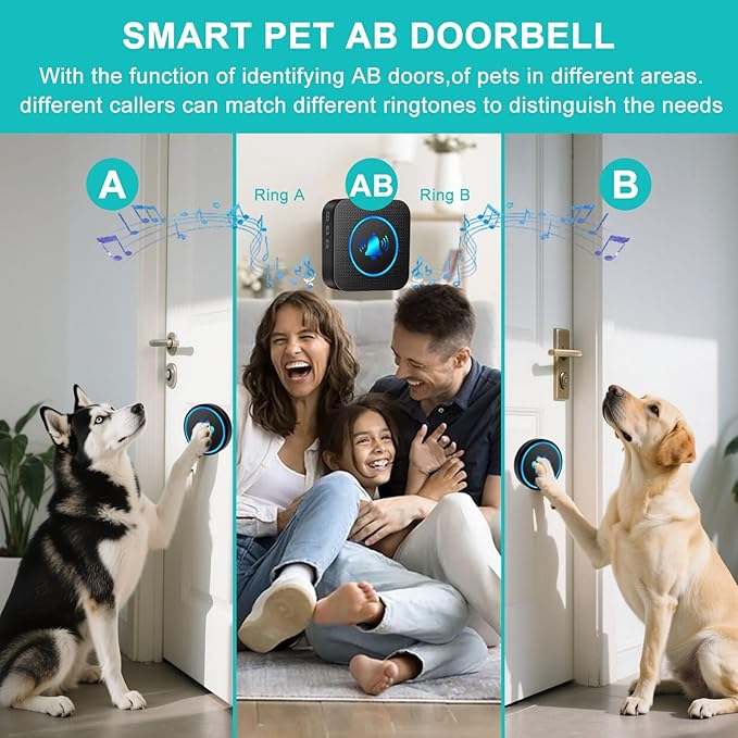 Dog Door Bell for Potty Training, Smart Wireless Doggie Doorbell to Go Outside, 1000 Feet Long Range with IP65 Waterproof Super-Light Touch Button (2Receivers+2Buttons)