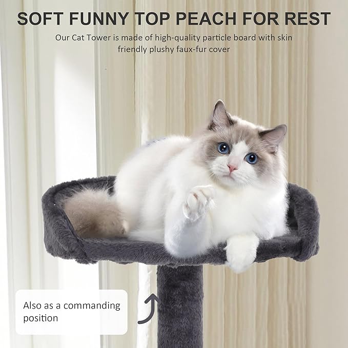 70" Multi-Level Cat Tree Tower with Scratching Posts, Toys & Condo - Space-Saving Design for Indoor Kittens, Compact Floor Footprint & Vertical Space for Multi-Cat Homes-Light Grey