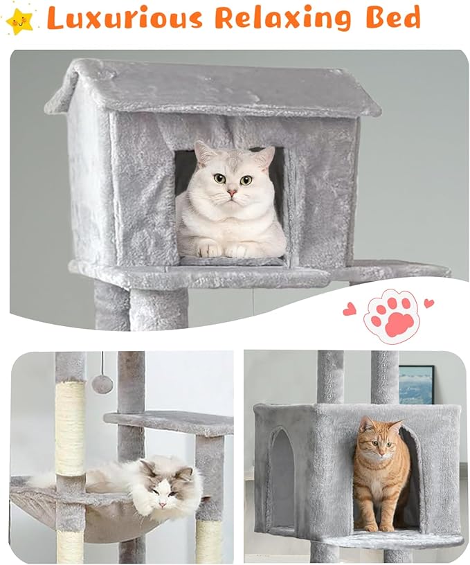 Tall Cat Tree 64 in, Multilevel Cat Tower for Adult Cats, Climbing Tree House and Towers with Condo Hammock Scratching Post Wide Base (Light Gray, 64 in)