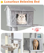Tall Cat Tree 64 in, Multilevel Cat Tower for Adult Cats, Climbing Tree House and Towers with Condo Hammock Scratching Post Wide Base (Light Gray, 64 in)