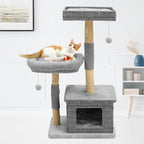 Modern Cat Tree for Indoor Cats - Multi-Level Wooden Tower with Scratching Posts, Large Jumping Platforms, Hanging Toy - Modern Luxury Cat Furniture for Indoor Cats-Grey