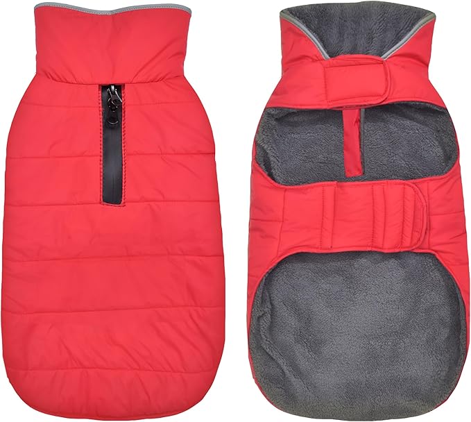 Dog Winter Coat, Waterproof Dog Jacket with Leash Hole, Reflective Adjustable Pet Snow Vest, Warm Fleece Sweater for Small Medium Large Dogs - Red, M