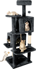 58in Large Cat Tree Tower for Indoor Cats with Soft Plush Hang Ball, Two Condos, Sisal Scratch Posts & Rope Play for Kittens/Adult Cats, Dark Grey