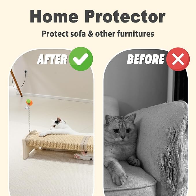Meeyoview 30" Horizontal Scratching Post, Sisal Cat Scratcher with Spring Toy, Large Floor Mount Scratching Pad, Furniture Protector for Indoor Cats, Oval