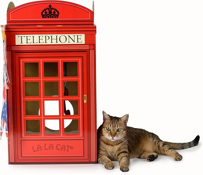 The British Red Telephone Booth Cat House Features a Flag Teaser Wand for Cats