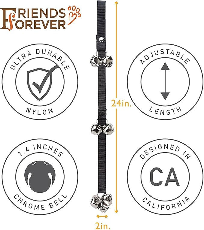 Friends Forever Housetraining Dog Doorbell for Bathroom Potty Training, Adjustable Nylon Strap Length, Behavior Aid Handle or Knob, Puppy Cat Kitten Go Outside Communication Supplies - Black