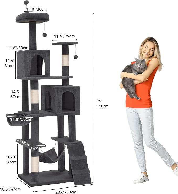 YITAHOME 190.5 cm Tall Heavy Duty Cat Trees for Large Cats, Sturdy 75inch Maine Coon Cat Tower for Indoor Cats Large Adult with Scratching Post, Hammock, Cat Condo for Adult Cats Kittens, Dark Gray