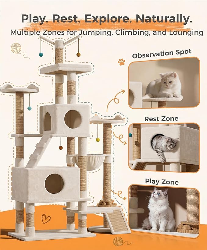 Catlike Rock-Solid 76" Tall Cat Tree Tower for Indoor Cats Large Adult, Heavy Duty Multi-Level Large Cat Tree with Sisal Scratching Posts, Perches, Cat Condos, Hammock Baskets, Cat Tower Natural Beige
