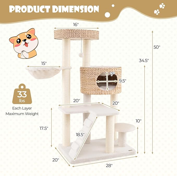 PETSITE 50 inch Cattail Cat Tree Tower, Multi-Level Cat Tower with Sisal Scratching Posts, Condo, Side Basket, Ladder, and Top Perch with Removable Soft Cushion, Modern Cat Tree for Indoor Cats
