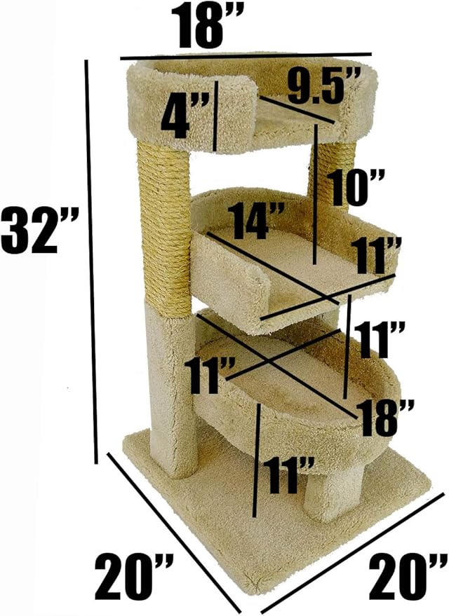 New Cat Condos Solid Wood Large Triple Cat Tree-Brown