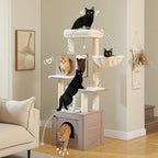 PETEPELA Cat Tree with Litter Box Enclosure, 2-in-1 Wood Cat Tower for Indoor Large Cats, 57.5'' Cat Condo with Scratching Posts, Cozy Hammock and Repalcable Dangling Balls, Grey