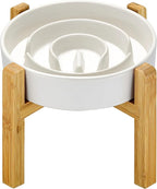 Ceramic Slow Feeder Dog Bowls Elevated, 2.0 Cups Slow Feeder for Medium Dogs, Puzzle Maze Bowl to Slow Down Eating, 30oz, 8in, White