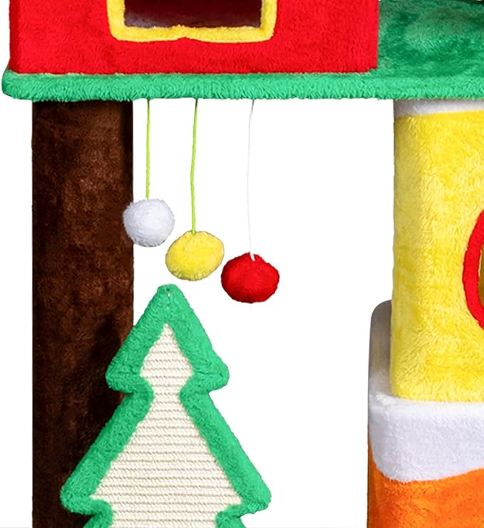 56in Christmas Themed Plush Cat Tree, Multi-Level Cat Tower with Cat Condos, Top Crown Perch, Sisal Ramp Scratching Posts, Large Cat Pet Activity Center for Indoor Cats