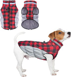 BEAUTYZOO Dog Winter Coat with Harness Built in, Reflective Plaid Puffer Vest Waterproof for Small Dogs, Fleece Warm Puppy Zipped Jacket with D Ring, Pet Cold Weather Sweater Clothes, Red S