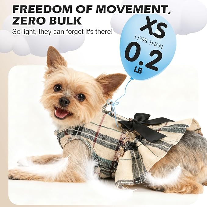 EXPAWLORER Dog Harness Small Medium Sized Dogs, Plaid Dog Dress Bowknot Harness and Leash Set, No Choke No Pull Soft Mesh Vest Cute Princess Puppy Outfits Clothes Costume for Girls Party Cats Beige M