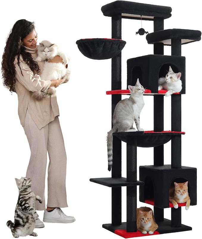PETEPELA 69" Gothic Cat Tree for Indoor Large Cats, Cat Tower for Adult Cats with Big Hammock [18.5''X15.3''], Cat Climbing Tree Tower with Scratching Posts, Condo House and Large Top Perch, Black