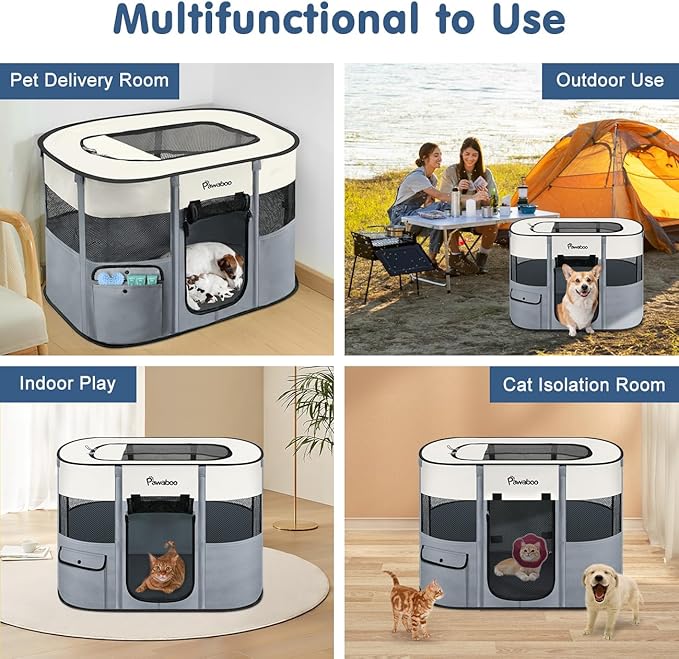 Dog Playpen, Portable Pet Playpen Cat PlayPens,600D Oxford Dog Kennel Tent Crate, Waterproof&Breathable, Indoor Outdoor Travel Camping Use for Medium/Large Breed with Carrying Case+Folding Bowl,L,Gray
