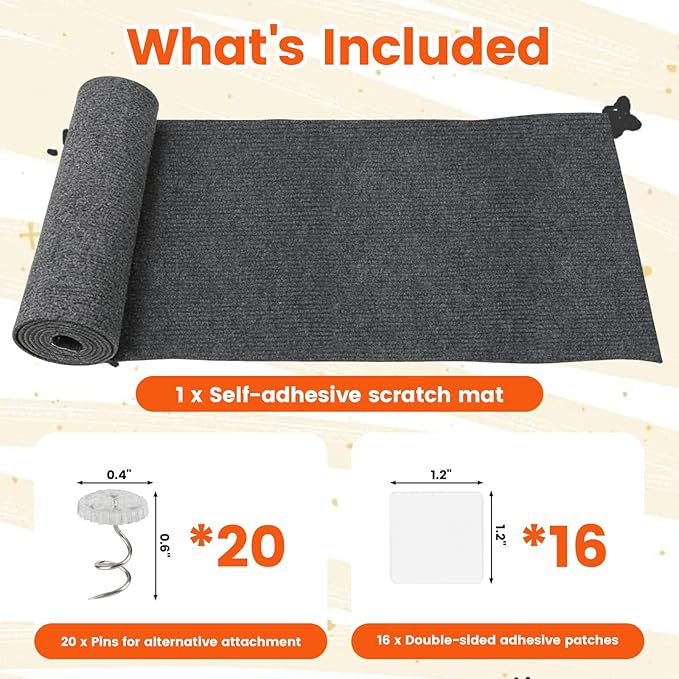 78.7"x15.8" Self-Adhesive cat Scratch pad - Trimmable Furniture Protector for Couch, Walls & Cat Trees | DIY Climbing Scratcher Pad with Twist Pins & Double-Sided Adhesives (Dark Grey)