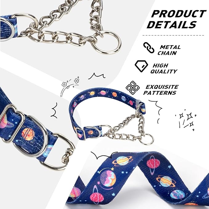 Martingale Dog Collar with Chain,Blue Space Pattern No-Pull Dog Collar - Adjustable Training Collar with Chain & Safe Control for Medium, Large & XL Dogs (Large)
