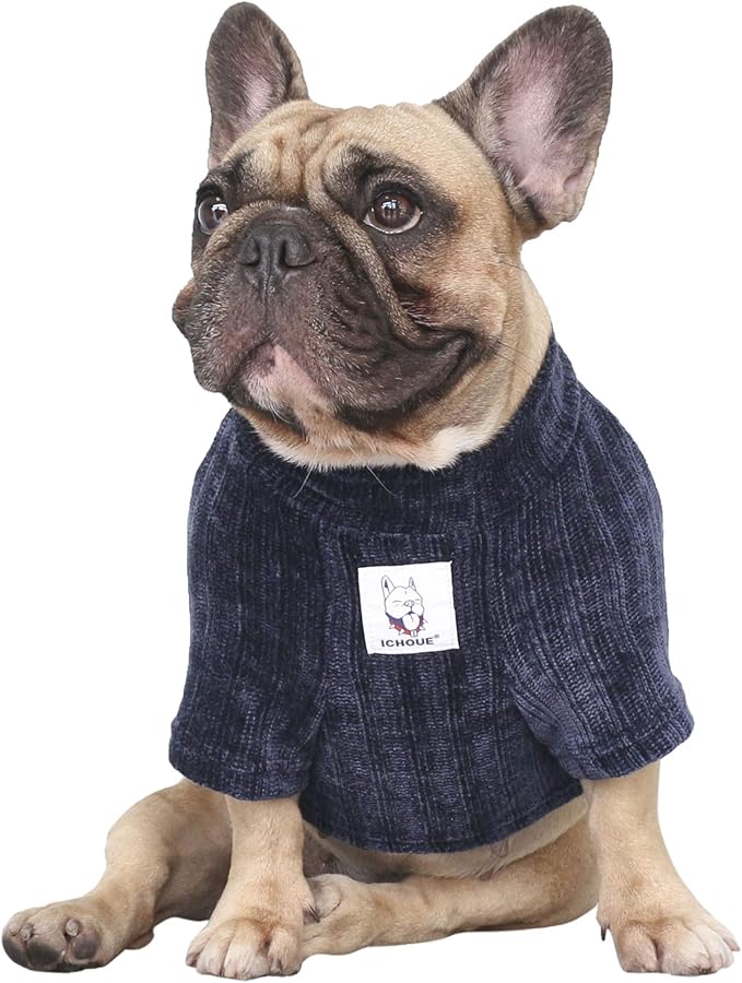 iChoue Pet Dog Winter Warm Sweater Clothes Turtleneck for English Bulldog Boston Terrier Corduroy Cold Weather Pullover Coat Shirt - Blue/XLarge
