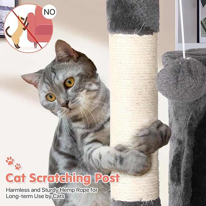 Cat Tree with Scratching Post,Cat Tower House for Indoor Large Adult Cats Kittens,21x21x70in Multi-Level Activity Cat Cando Furniture,Ashy