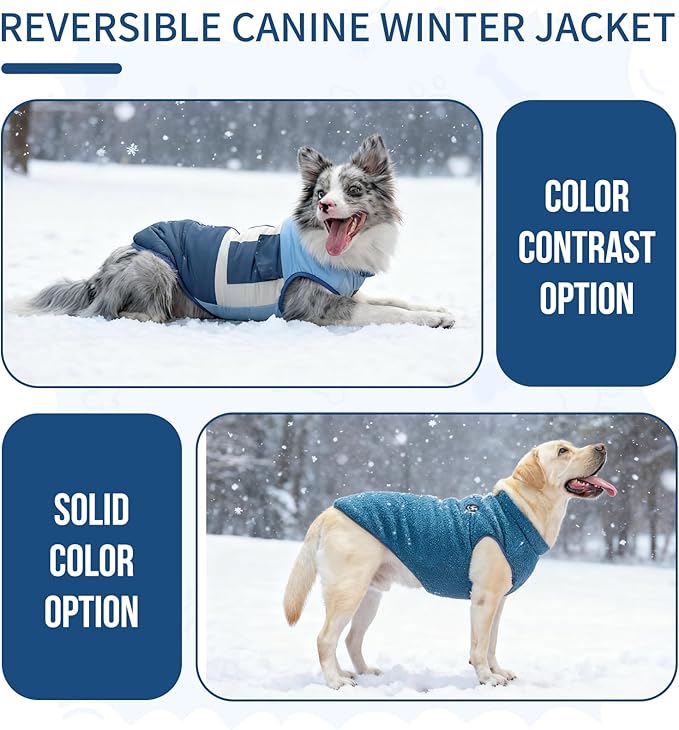 Reversible Dog Winter Coat, Waterproof Warm Fleece Sweater Windproof Lightweight Pet Snow Jacket for Medium Large Dogs with Double Ended Zipper, Cold Weather Dog Coat,Blue,XXL
