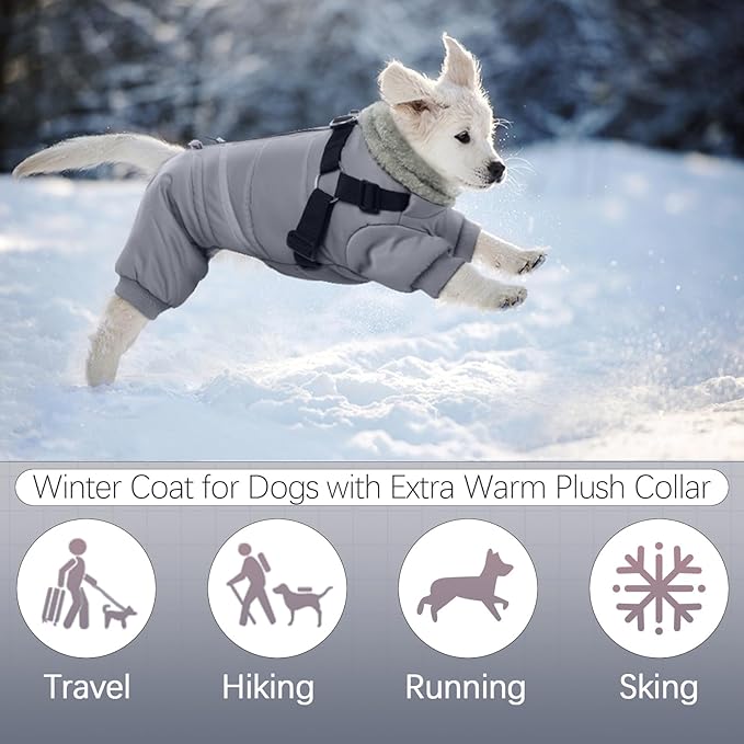 BRKURLEG Grey Dog Winter Coat, Cozy Winter Dog Jackets, Small Medium Dogs Coat with Harness, Onesie Body Warm Puppy Christmas Jacket, Pet Cold Weather Jackets, Puppy Four-Legged Puffer Coats, XXL