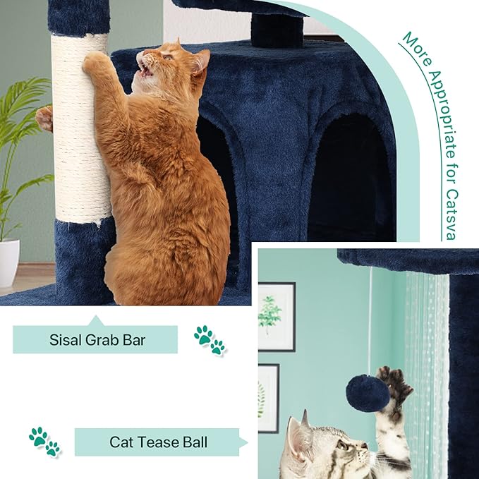 Cat Tree for Indoor Cats Cat Condo Cat Tower with Scratching Post Cat Tease Ball Perches Platform for Small and Medium Cats 54 Inch Multi-Level, Navy Blue