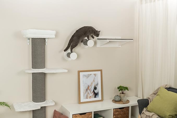 Trixie Cat Wall Furniture Set 3 - Cat Wall Scratcher and Climbing Shelves - Sisal Rope Scratching Posts - 3 Elevated Steps - Gray/White