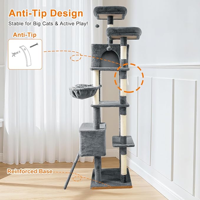 82" Tall Cat Tree,Giant Cat Tree for Indoor Cats Large Adult, Heavy Duty Cat Tree Tower, Extra Large Cat Trees with Scratching Posts, Cat Condos, Hammock,Top Perch,Ramp (Dark Grey)