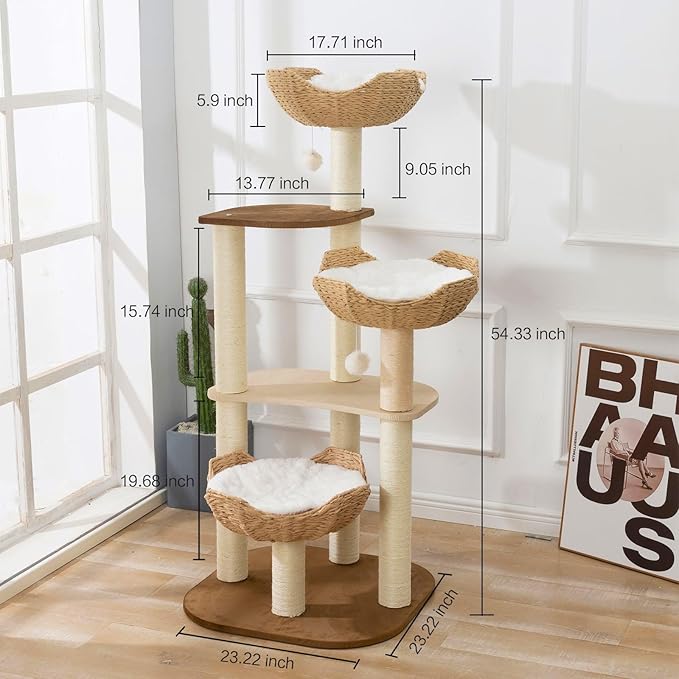 Cat Tree Tower, Modern Cat Tree with Hand-Woven Basket Nest, Sisal Posts, Extra Large 54 Inch Heavy-Duty Multi-Level Indoor Wood Tower