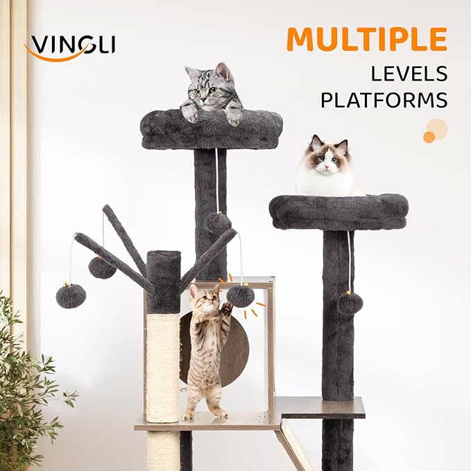 VINGLI Cat Tree Tower with Litter Box, 54" H All-in-1 Wooden Cats Condo, Cat Tower wih Scratching Posts, Houses for Indoor Kittens Hidden Cat Washroom Furniture, Gray (Large-54 H)