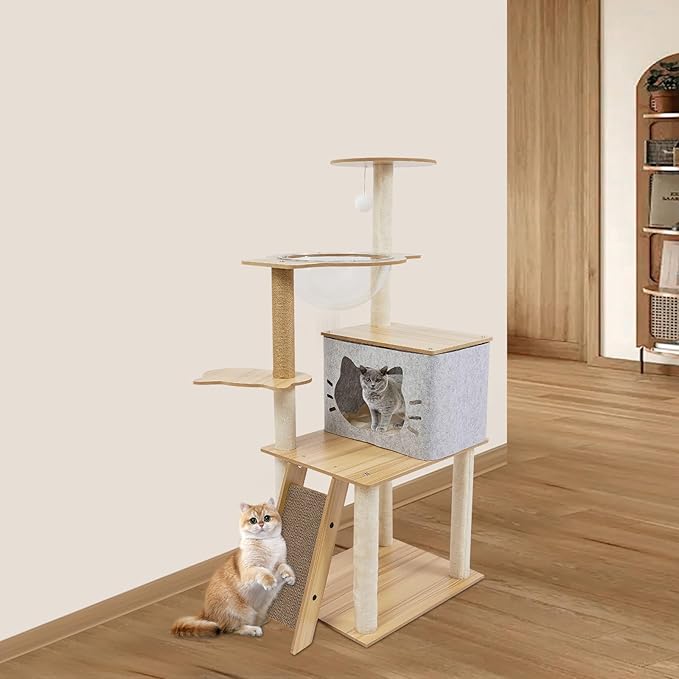 47.2-Inch Cat Tower, Multi-Level Cat Scratching Climbing Frame Cat Tree with Toy for Indoor Cats Paper Pillar Scratching Posts, Grey