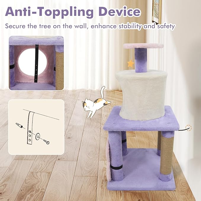 Tangkula Cute Cat Tree, 31.5 Inch Multi-Level Cat Tower with Jute Scratching Posts, Condo, Top Perch, Hanging Toy, Moon & Star & Cloud-Shaped Accents for Indoor Cats (Purple+Pink+White)