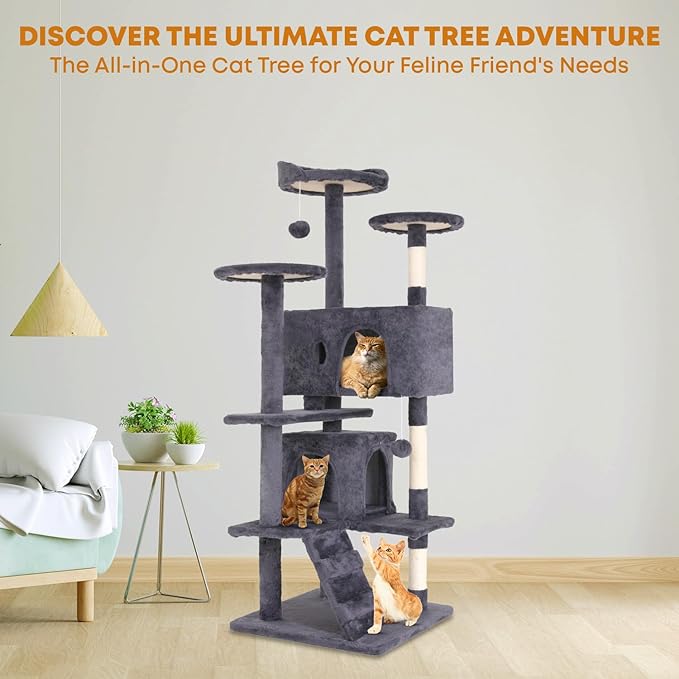 54in Cat Tree Tower for Indoor Cats, Cat Tower with Cat Scratching Post, Multi-Level Cat Furniture, Cat Tower with Funny Toys for Kittens-Ashy