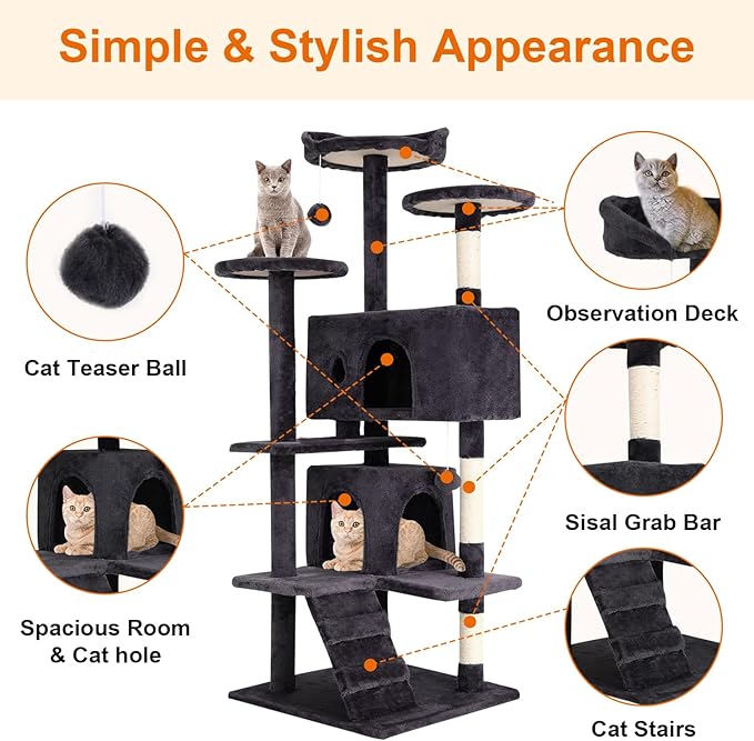 Cat Tree 69.3 inches Cat Tower for Indoor Cats Cat House with Replaceable and Removable Dangling Ball Cat Trees and Towers with Funny Toys, ASHY