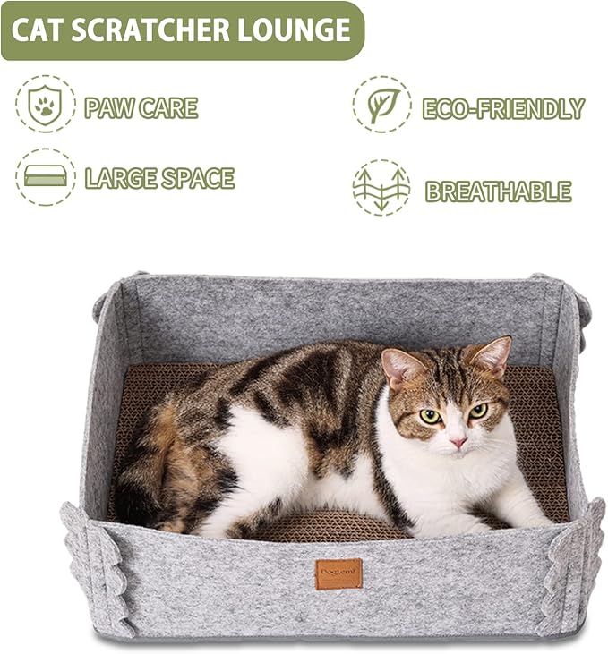 Felt Cat Scratcher Lounge Box with Removable Cardboard,Rectangular Cat Bed with Corrugated Board, Pet Scratching Pad for Furniture Protection, Training Toy (Gray)