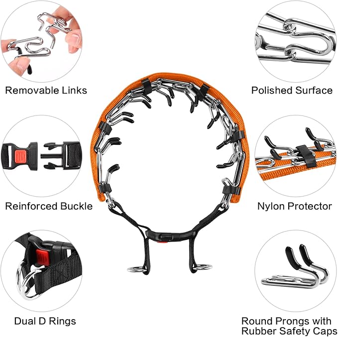 Prong Training Collar With Nylon Cover Comfort Tips, Quick Release Snap Buckle, Classic Collar and Leash
