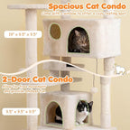 Tangkula Cat Tree Tower, 52 Inch Multi-Level Cat Tower with Sisal Scratching Posts, Cushioned Top Perch, Large Dual Condos & Ladder, 2 Hanging Balls, Jumping Platforms for Indoor Cats (Beige)