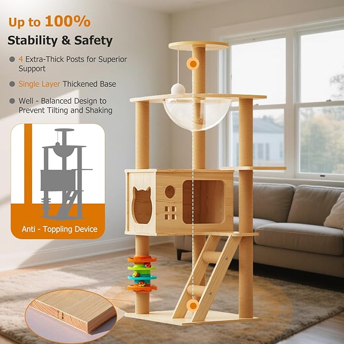 Large Cat Tree,120 Tall Wooden Cat Tower with Spacious Cave,Transparent Space Capsule,8 Fully Scratching Posts and Natural Wood Posts, Kitty Condo with Multi-Layer Platform