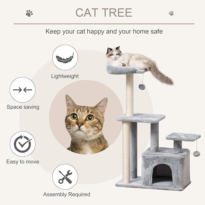 PawHut Cat tree Tower 114cm Climbing Activity Centre Kitten with Sisal Scratching Post Perch Hanging Ball Condo Toy Light Grey