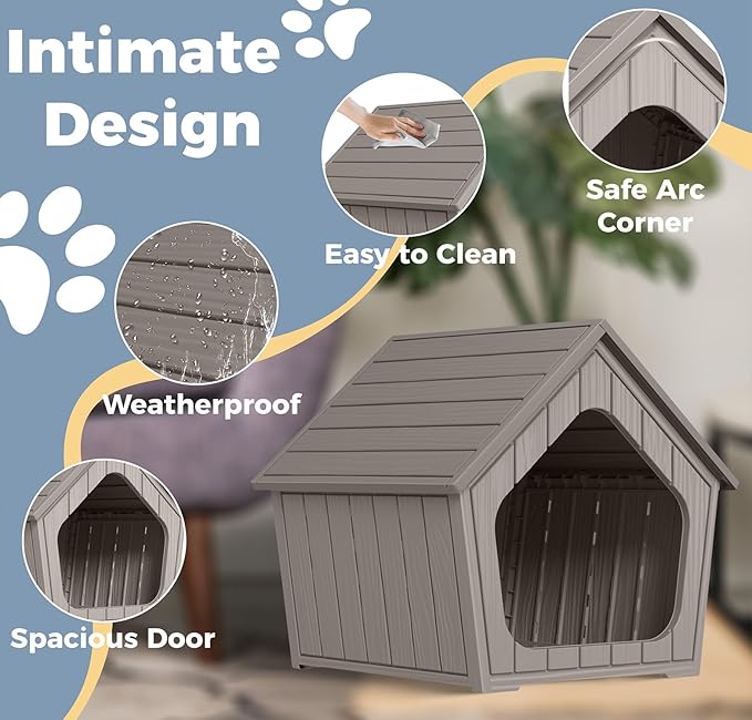 Indoor Dog House for Puppy, Durable Small Dog House Outdoor, Waterproof and Scratch Resistant Animal Shelter with Air Vents and Elevated Floor, Easy Installation and Clean (Deep Grey)