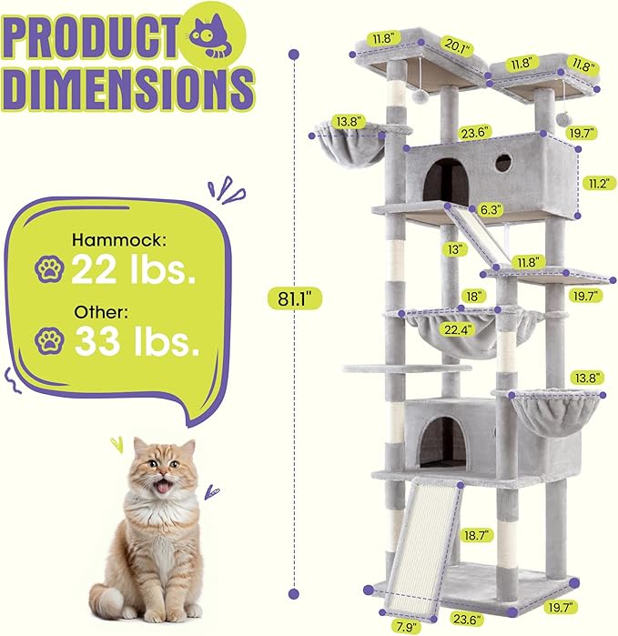 WEEWAY Cat Tree Tower for Indoor Cats,81'' Multi-Level Cat Furniture Activity Center,Stand House Condo Cave,Sisal Scratching Posts Ramps,Plush Perches Platforms Basket Hammock,Grey