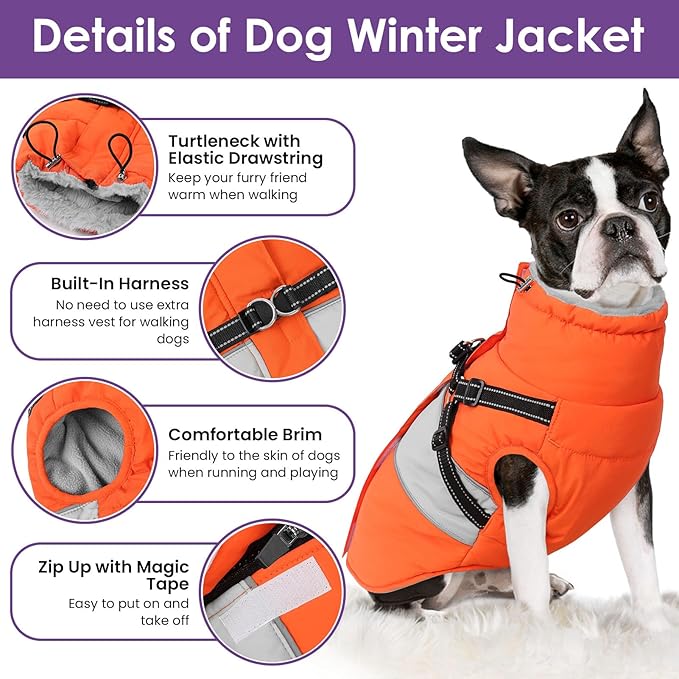 SUNFURA Dog Coat for Large Dogs, Warm Pet Jacket Winter with Harness Built in, Waterproof Pet Snow Jacket with Furry Collar, Reflective Fleece Snowsuit for Extra Large Dogs, Orange XL
